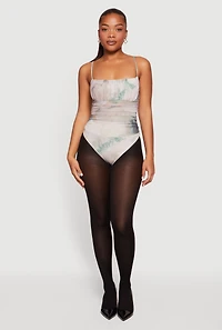 Printed Pattern Side Ruched Square Neckline Thong Bodysuit
