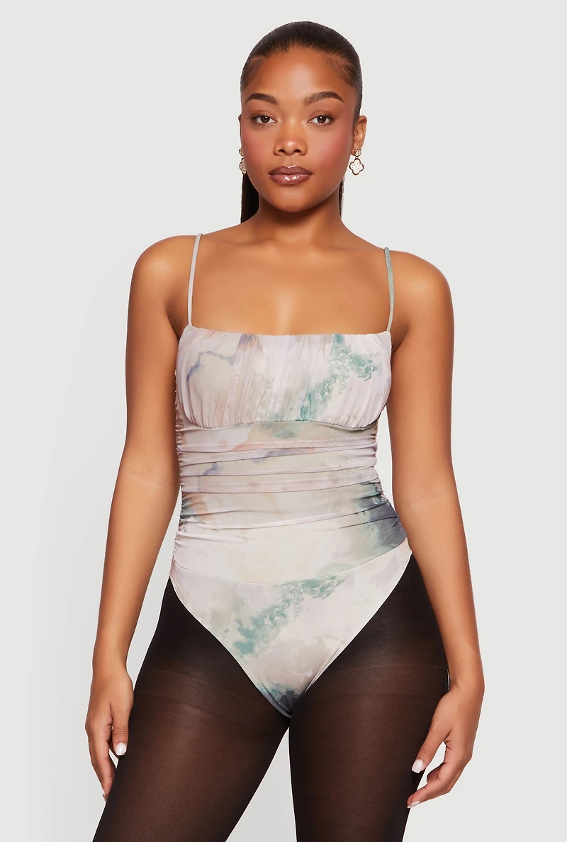 Printed Pattern Side Ruched Square Neckline Thong Bodysuit