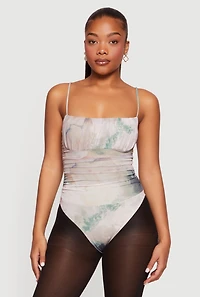 Printed Pattern Side Ruched Square Neckline Thong Bodysuit