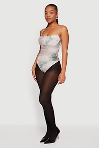 Printed Pattern Side Ruched Square Neckline Thong Bodysuit