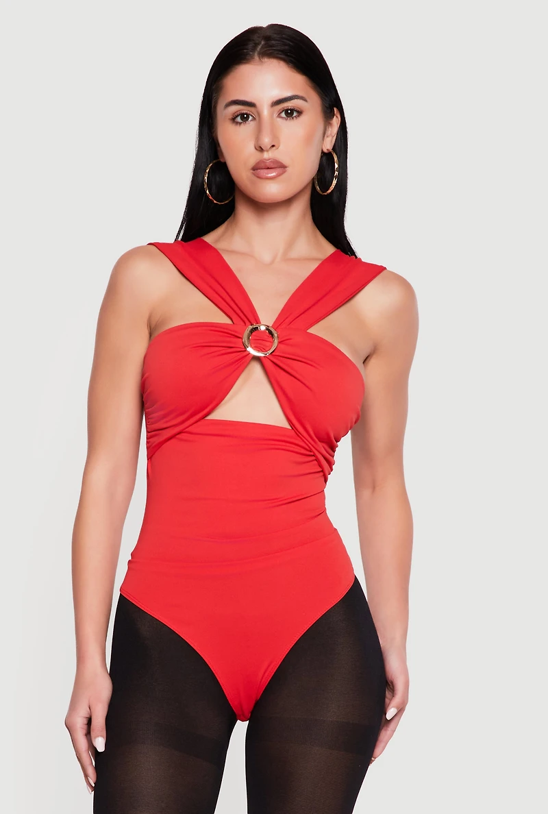 Metallic O Ring Detail Side Ruched Bodysuit