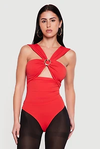 Metallic O Ring Detail Side Ruched Bodysuit