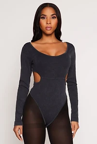 Womens Ribbed Knit Acid Wash Cut Out Bodysuit,
