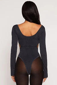 Womens Ribbed Knit Acid Wash Cut Out Bodysuit,