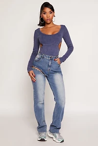 Womens Ribbed Knit Acid Wash Cut Out Bodysuit, Blue, Size L
