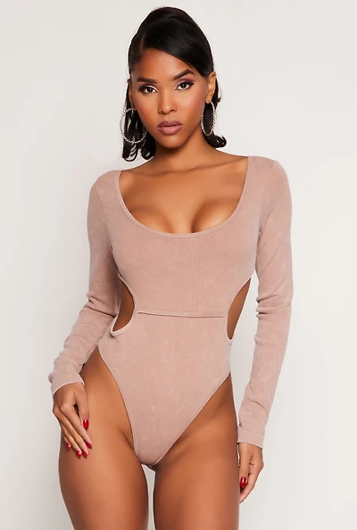 Womens Ribbed Knit Acid Wash Cut Out Bodysuit, Brown, Size M