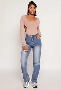 Womens Ribbed Knit Acid Wash Cut Out Bodysuit, Brown, Size M