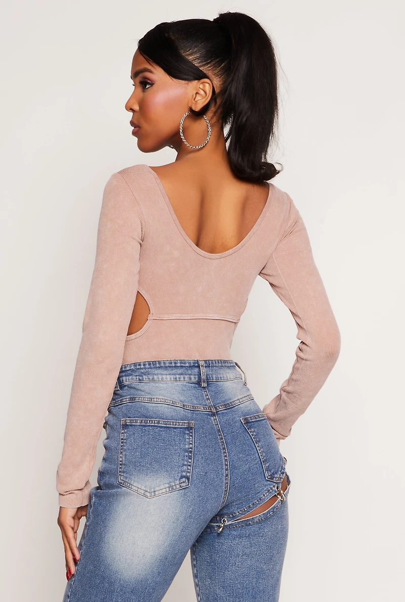 Womens Ribbed Knit Acid Wash Cut Out Bodysuit, Brown, Size L