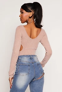 Womens Ribbed Knit Acid Wash Cut Out Bodysuit, Brown, Size L