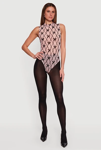 Bow Patterned Velvet Burnout Sleeveless Mock Neck Bodysuit