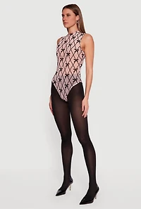 Bow Patterned Velvet Burnout Sleeveless Mock Neck Bodysuit