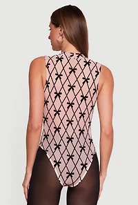 Bow Patterned Velvet Burnout Sleeveless Mock Neck Bodysuit