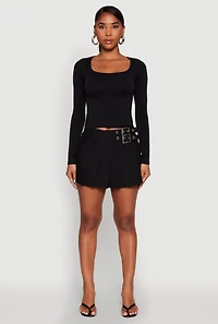 Womens Belted Front Mini Pleated Skirt,