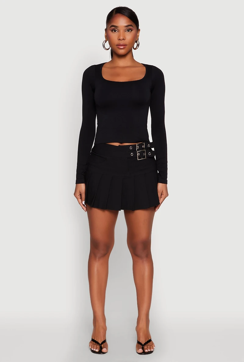 Womens Belted Front Mini Pleated Skirt,