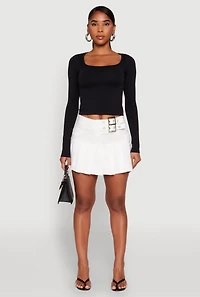 Womens Belted Front Mini Pleated Skirt, White,