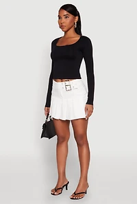 Womens Belted Front Mini Pleated Skirt, White,