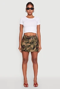 Womens Belted Front Mini Pleated Skirt, Green, Size M