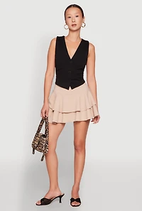 Womens Crepe Knit Mini Tiered Skort, Khaki,