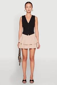 Womens Crepe Knit Mini Tiered Skort, Khaki,