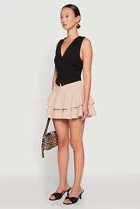 Womens Crepe Knit Mini Tiered Skort, Khaki,