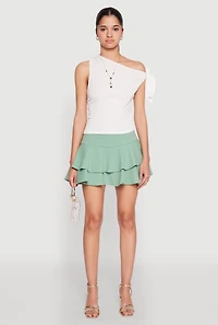 Womens Crepe Knit Mini Tiered Skort, Green, Size S