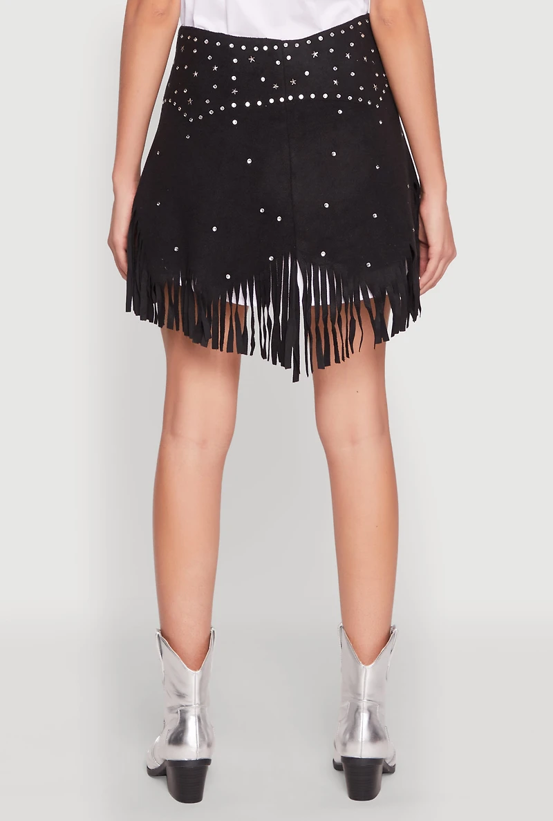 Womens Fringe Buckle Front Skirt, Black, Size M