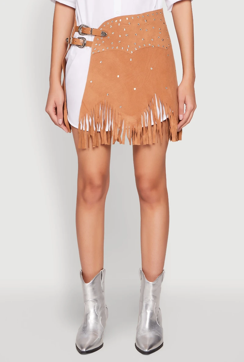 Womens Fringe Buckle Front Skirt, Khaki, Size S