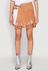 Womens Fringe Buckle Front Skirt, Khaki, Size S