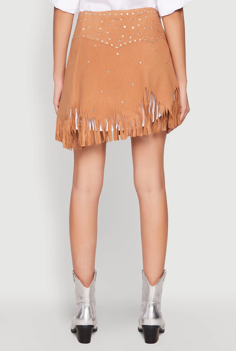 Womens Fringe Buckle Front Skirt, Khaki, Size S