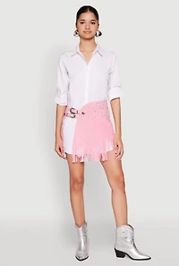 Womens Fringe Buckle Front Skirt, Pink, Size L