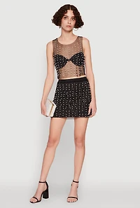 Womens Rhinestone Faux Pearl Mesh Overlay High Waisted Mini Skirt,