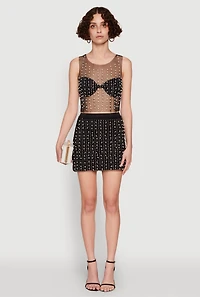 Womens Rhinestone Faux Pearl Mesh Overlay High Waisted Mini Skirt,