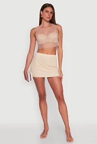 Womens Rhinestone Faux Pearl Mesh Overlay High Waisted Mini Skirt, Khaki, Size S