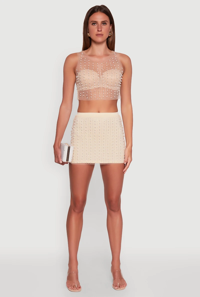 Womens Rhinestone Faux Pearl Mesh Overlay High Waisted Mini Skirt, Khaki, Size S