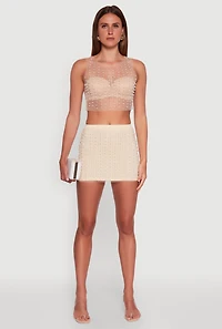 Womens Rhinestone Faux Pearl Mesh Overlay High Waisted Mini Skirt, Khaki, Size S