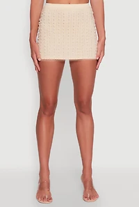 Womens Rhinestone Faux Pearl Mesh Overlay High Waisted Mini Skirt, Khaki,