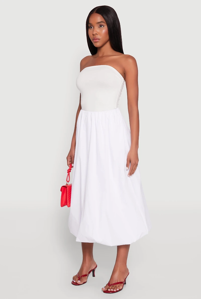 Womens Poplin Midi Bubble Skirt, White,