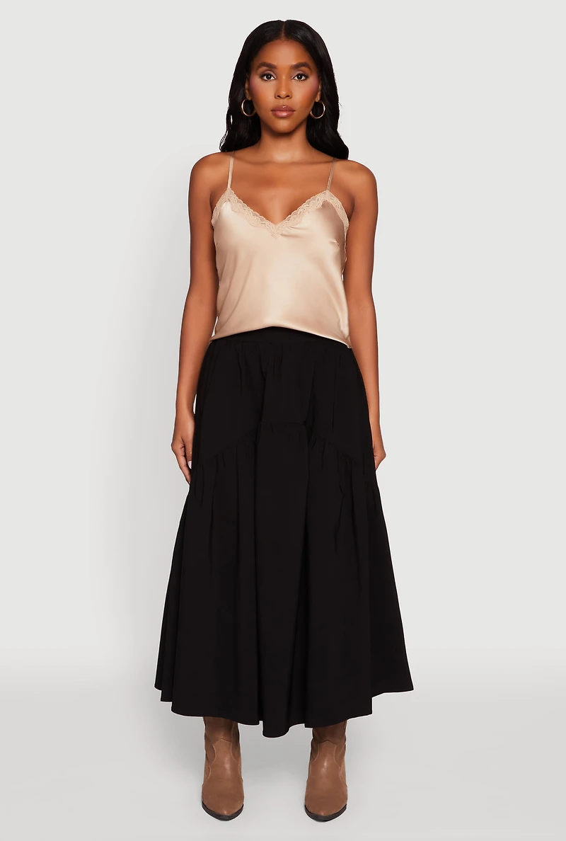 Womens High Waisted Solid Maxi Tiered Skirt, L