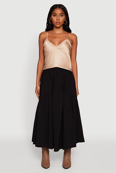 Womens High Waisted Solid Maxi Tiered Skirt,
