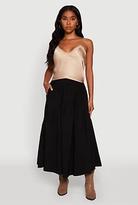 Womens High Waisted Solid Maxi Tiered Skirt, L