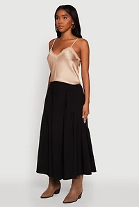 Womens High Waisted Solid Maxi Tiered Skirt, L