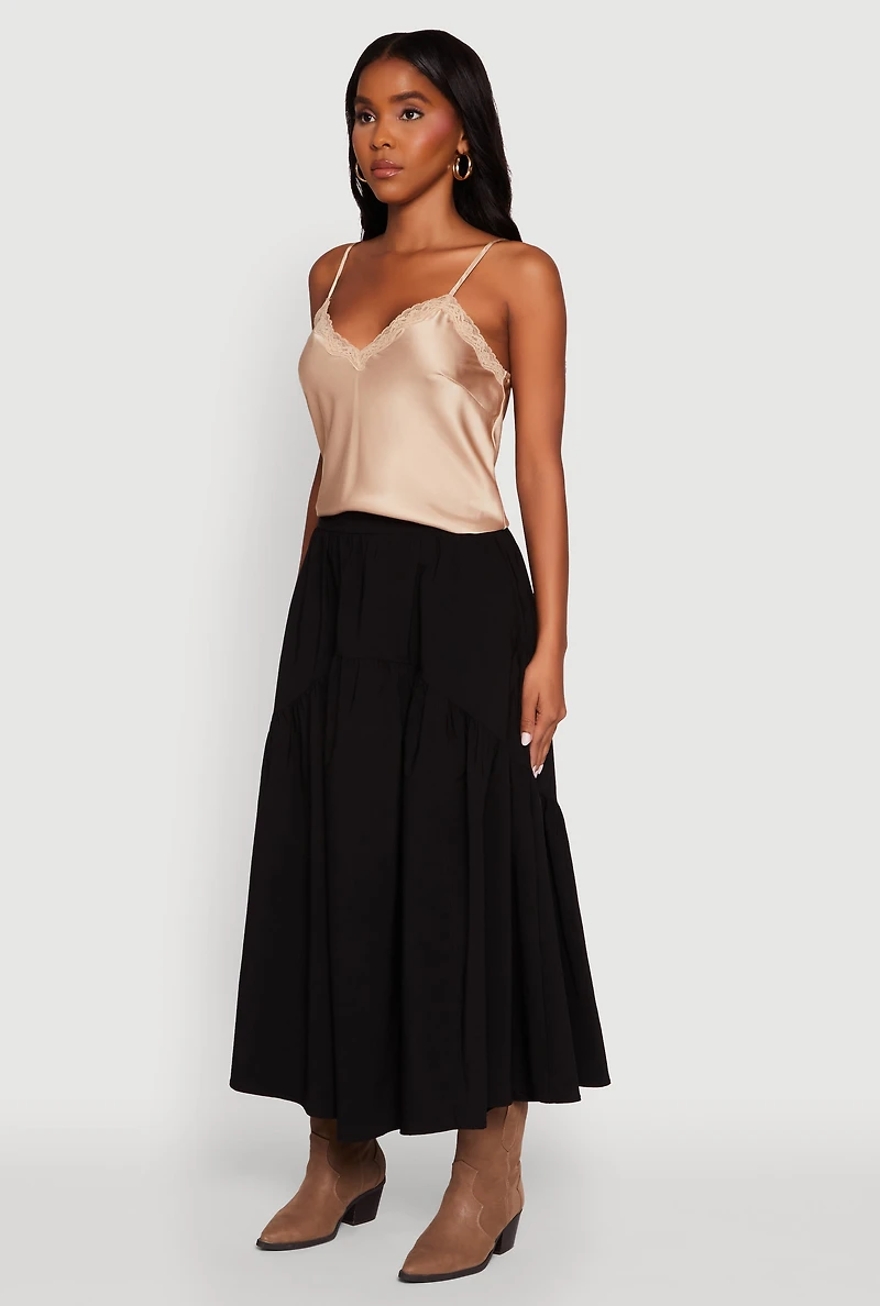 Womens High Waisted Solid Maxi Tiered Skirt, Black, Size M