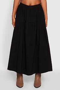 Womens High Waisted Solid Maxi Tiered Skirt, Black, Size L