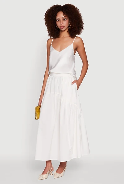 Womens High Waisted Solid Maxi Tiered Skirt, White, Size S