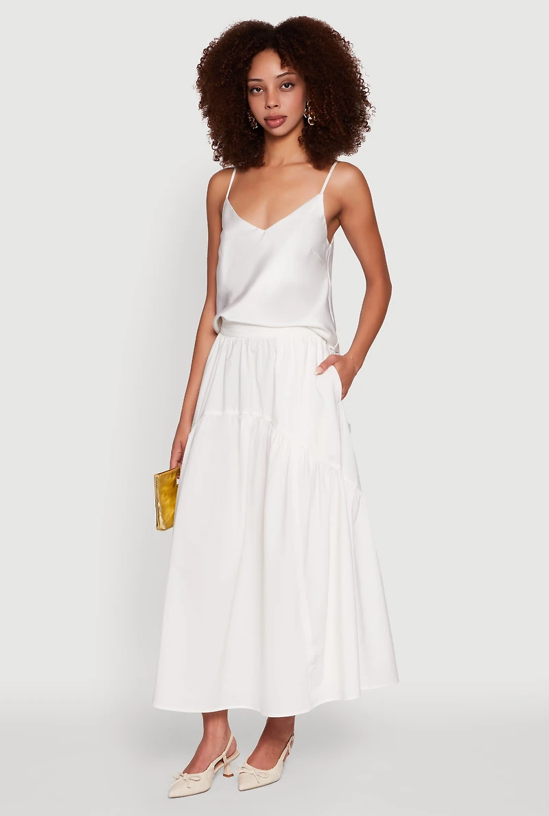 Womens High Waisted Solid Maxi Tiered Skirt, White, Size XL