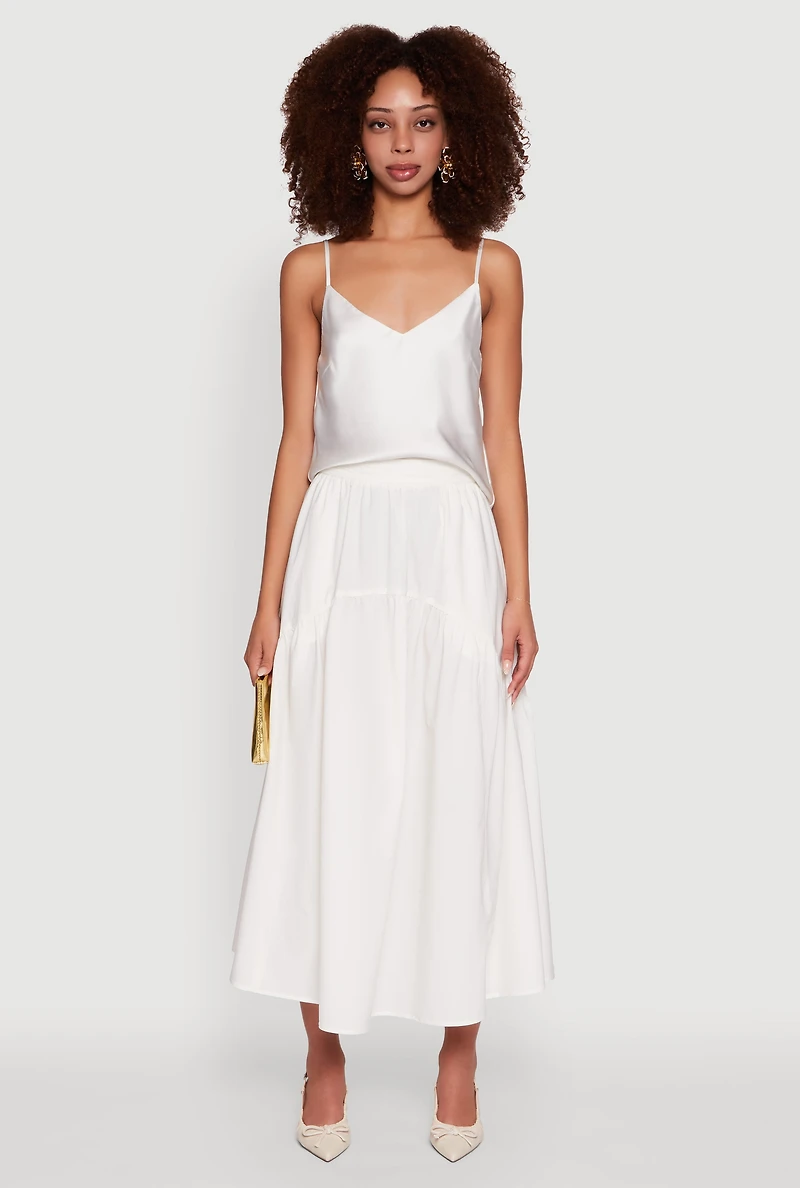 Womens High Waisted Solid Maxi Tiered Skirt, White, Size S