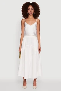 Womens High Waisted Solid Maxi Tiered Skirt, White, Size S