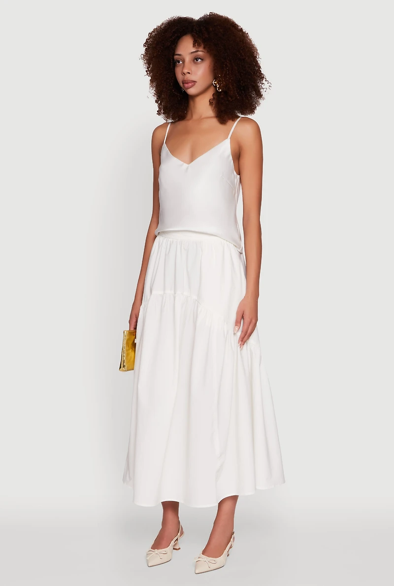 Womens High Waisted Solid Maxi Tiered Skirt, White, Size S