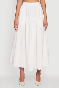 Womens High Waisted Solid Maxi Tiered Skirt, White, Size S
