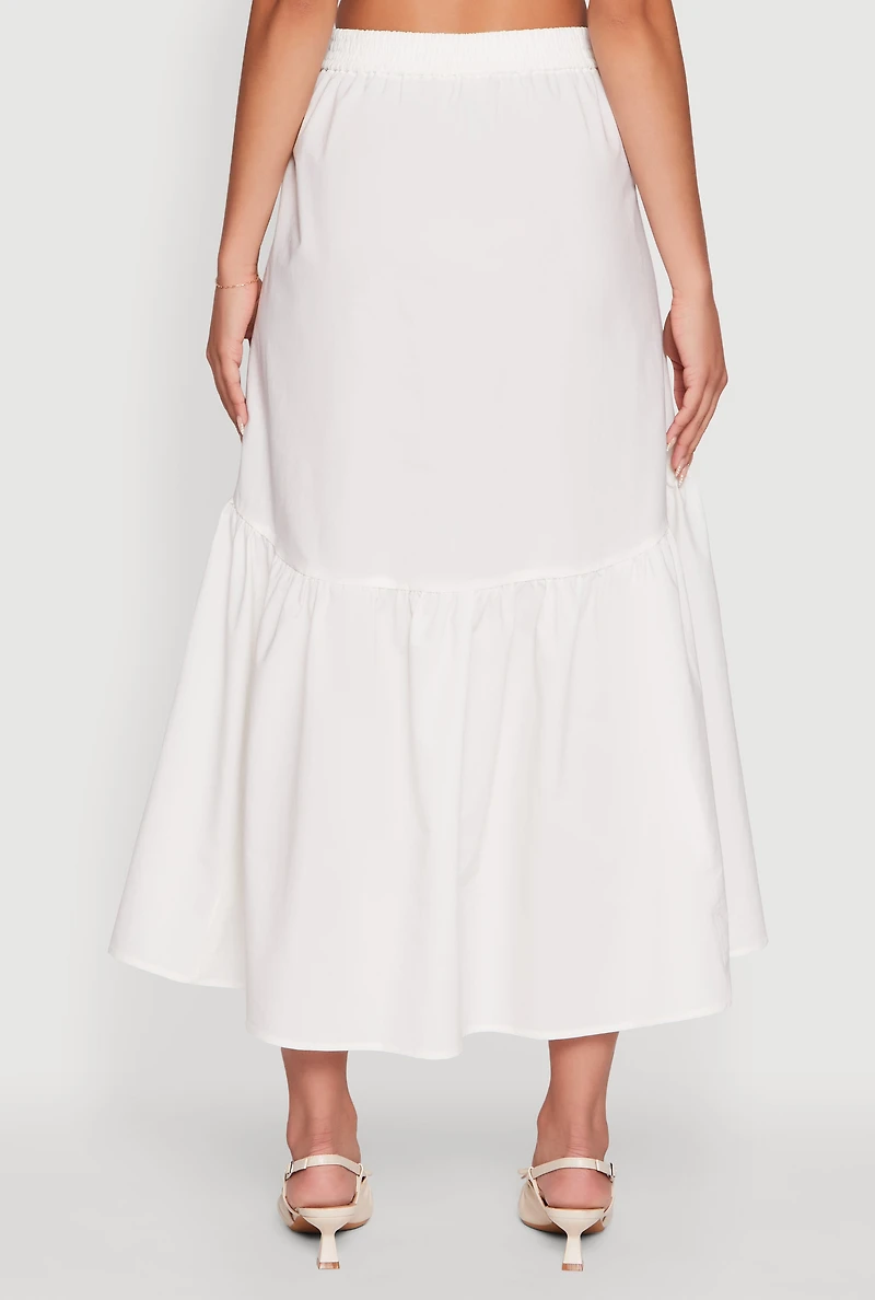 Womens High Waisted Solid Maxi Tiered Skirt, White, Size S